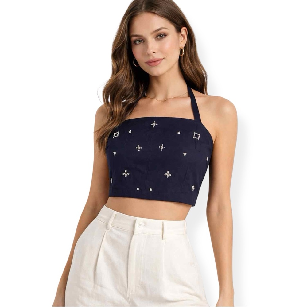 NWT Anthropologie Gem Stone Dark Navy Embellished Halter Top Glam Blouse